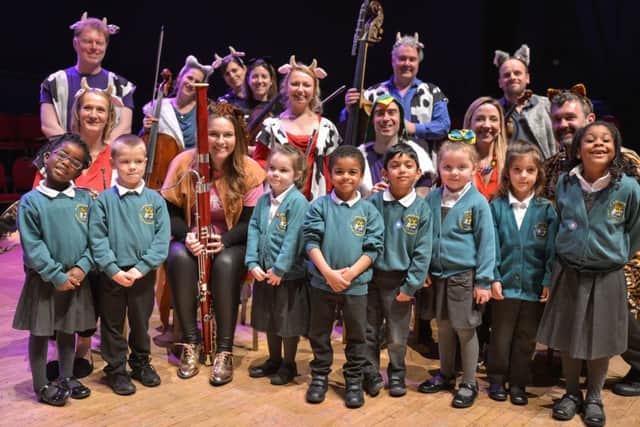 St Johns Cathedral Catholic Primary School children with the Ensemble 360 and Polly Ives the narrator Picture: Sam Ostle