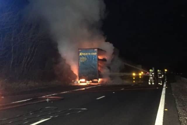 The lorry on fire on the A3(M). Credit: Horndean Fire Station