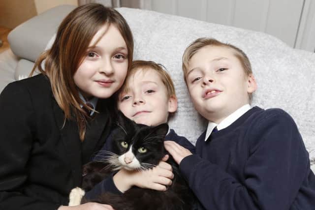 Bubbles the cat pictured at his home in Havant with Arleah Welstead 11, Elijah 8 and Ethan 9. 

Picture: Habibur Rahman