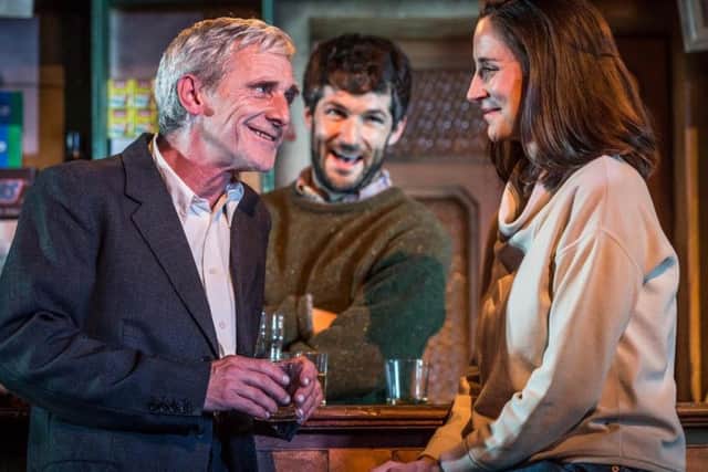 Sean Murray (Jack), Sam O'Mahony (Brendan) and Natalie Radmall-Quirke (Valerie) in The Weir. Picture by Marc Brenner