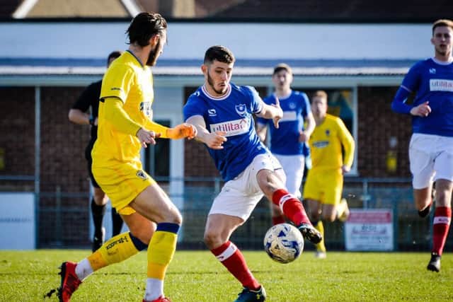 Conor Chaplin takes a shot for Pompey Reserves against AFC Wimbledon. Picture: Colin Farmery