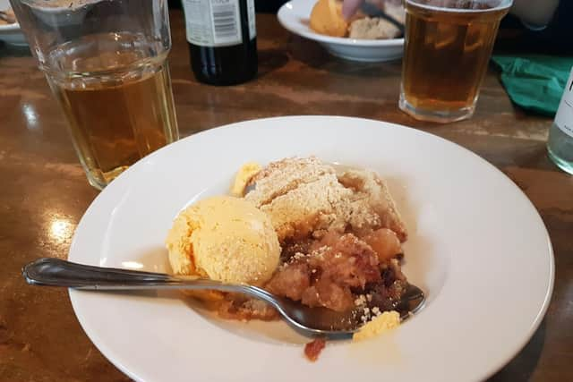 The delicious apple crumble and ice cream at Westlands Farm, near Wickham