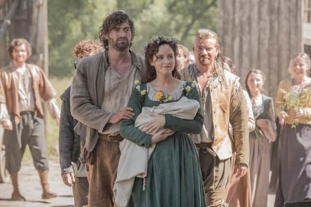 Stuart Martin, as Silas Sharrow and Sophie Rundle, as Alice Sharrow and Max Beesley, as Henry Sharrow.