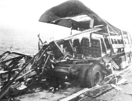 The shattered remains of the coach on the M62