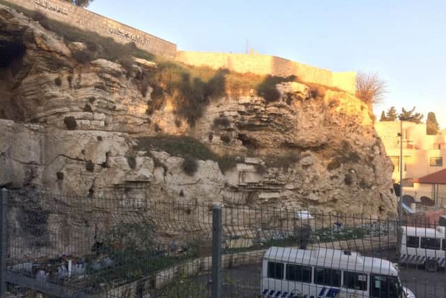 The bus station in Jerusalem in front of the rocky outcrop where Jesus may have been crucified