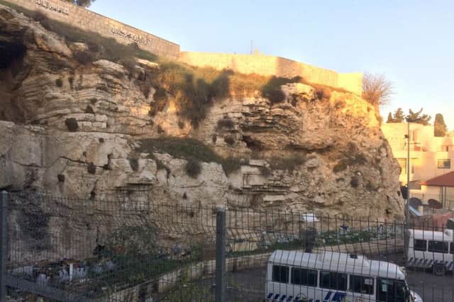 The bus station in Jerusalem in front of the rocky outcrop where Jesus may have been crucified