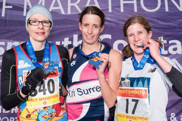 The first three female finishers: 2nd Lisa Hale (340), 1st Jenny Millett (582), 3rd Madeleine Armstrong (17). Picture: Vernon Nash (180056-10)