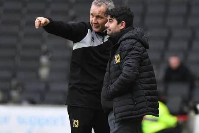 Keith Millen, left, with new MK Dons boss Dan Micciche