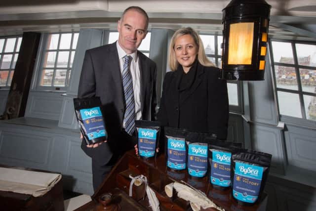 Giles Gould from The National Museum of the Royal Navy and Sailors' Society's Vanessa Haddacks on board HMS Victory     Picture: Sailors' Society