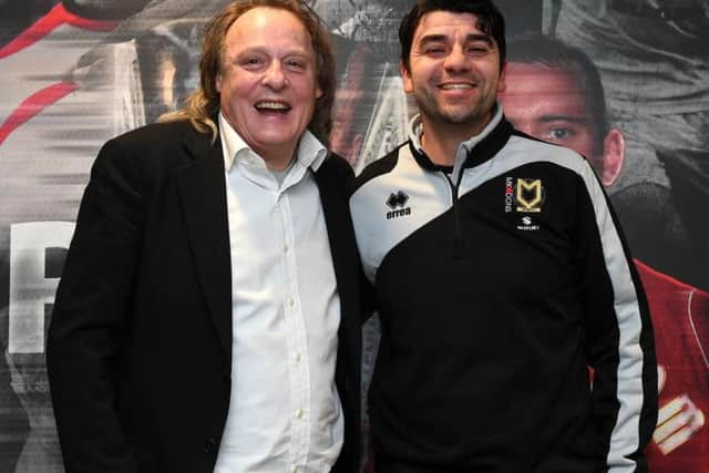 MK Dons chairman Pete Winkelman, left, with new boss Dan Micciche