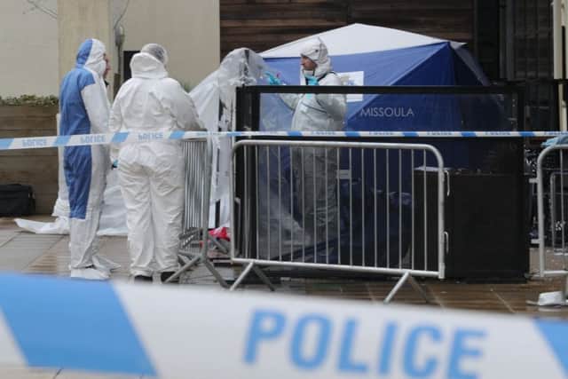 Police investigators at the scene outside the Missoula nightclub in Durham where a 20-year-old student died on Wednesday night. Picture: Owen Humphreys/PA Wire