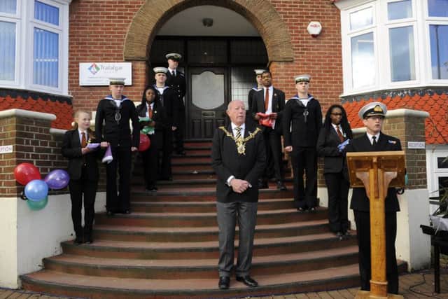 The four new house groups together with the flags and accompanied by their escorts from HMS Collingwood (front) Lord Mayor of Portsmouth Ken Ellcome with Commander Matthew Stratton, the chairman of the school governors  (180205-5383)