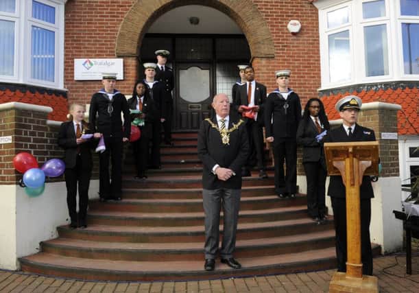 The four new house groups together with the flags and accompanied by their escorts from HMS Collingwood 
(front) Lord Mayor of Portsmouth Ken Ellcome with Commander Matthew Stratton, the chairman of the school governors 

 (180205-5383)