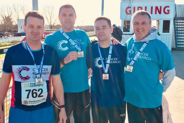 Police officers PC Lewis Swan, Rob Sutton, PCSO Neil Chapman and David Knowles who are running to raise charity for Cancer Research UK