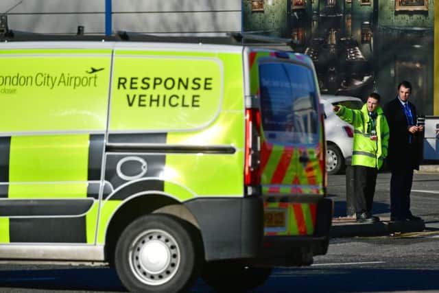 A response vehicle parked close to London City Airport. Picture: Dominic Lipinski/PA Wire