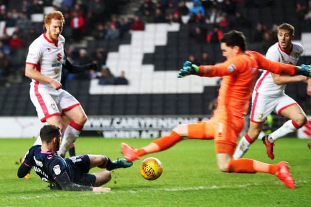 Conor Chaplin nets the winner for Pompey at Stadium MK on Saturday