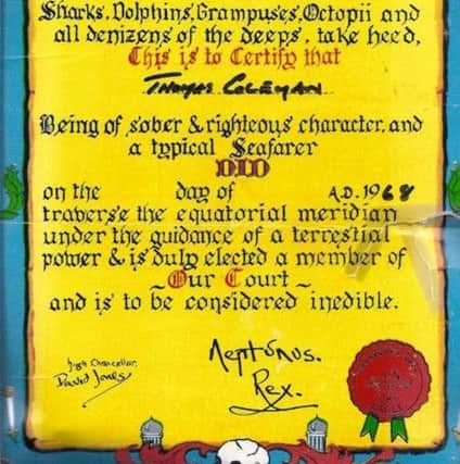 Tom Colemans certificate to prove he crossed the equator in 1968.