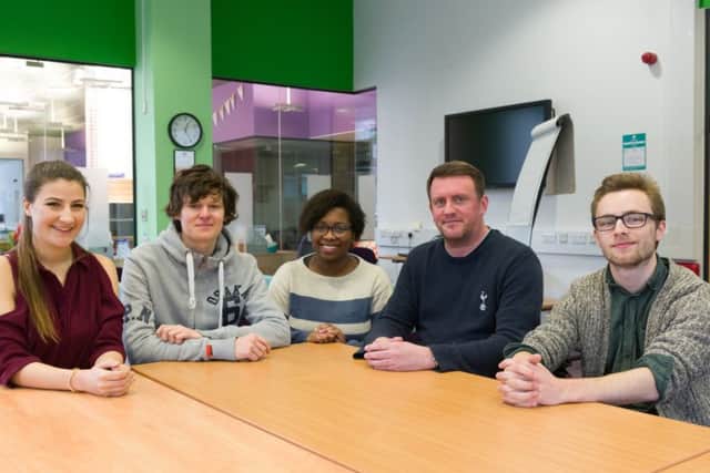 Students Amie Blackman, Tom Parsley, Ria Archer and Chris jones with S.A.D. chief executive  Jonathan Challacombe    Picture: Duncan Shepherd