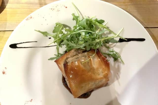 Wild garlic mushroom, artichoke and spinach filo parcel