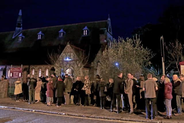 Mourners gather at St. Matthews Church in Worthing, West Sussex, for the memorial service. Picture: Gareth Fuller/PA Wire