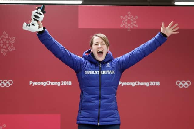 Great Britain's Lizzy Yarnold, from Shedfield, celebrates winning gold in the Women's Skeleton in PyeongChang. Picture: David Davies/PA Wire.
