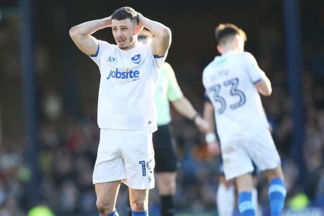 Pompey striker Conor Chaplin struggles to hide his disappointment