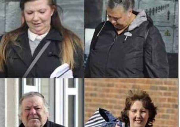 Clockwise from top left, Hayley North, Helene Birt, Hilary Ward and James Cowlishaw outside court