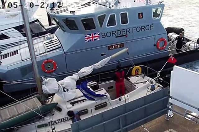 The Tazik alongside at Border Force coastal patrol vessel near Hayling Island
