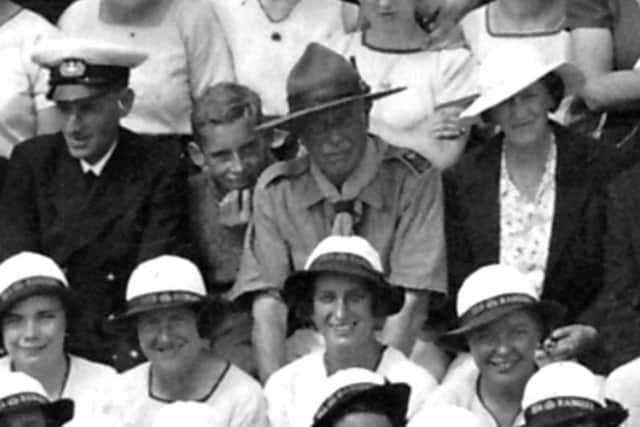 A detail of the first picture showing Robert Baden-Powell and his wife Olave. The photo comes from the Robert James Collection and the man in the cap is Mr James's grandfather Ralph Davidson.