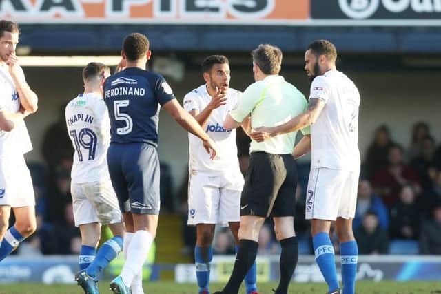 Nathan Thompson gets his marching orders from referee Lee Probert at Southend on Saturday