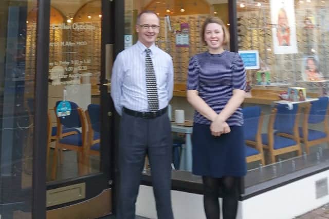 Patrick Allen and Brodie Wainwright at Tombs and Allen Opticians