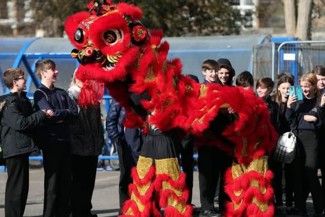 Pupils meet the lion from the Chinese New Year lion dance at Bay House School                  Picture: Chris Moorhouse