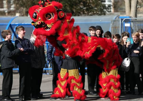 Pupils meet the lion from the Chinese New Year lion dance at Bay House School                  Picture: Chris Moorhouse