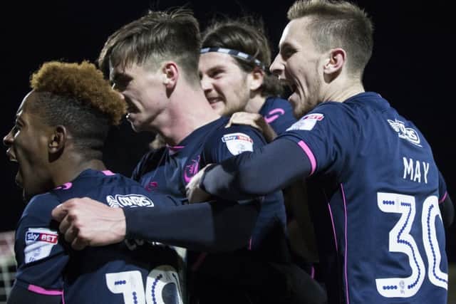 Pompey celebrate their second goal. Picture: Mark Robinson