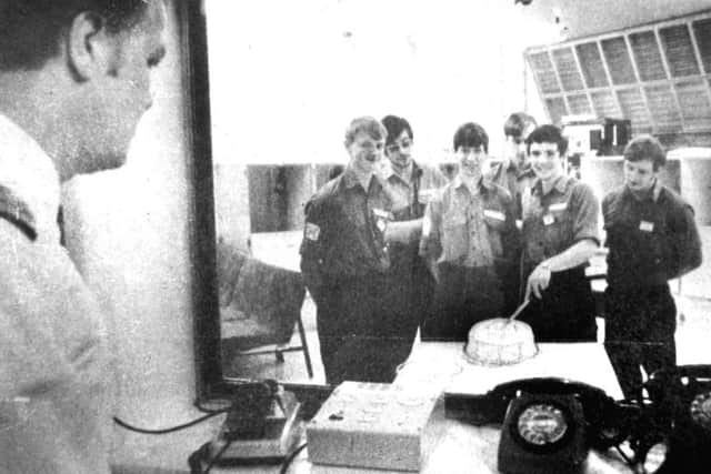 Celebrating their birthdays in the Environmental Medical Unit, Gosport, where they were part of a gas effect experiment, are, front left to right, MEM Graham Patterson, REM Patrick Hanson and REM Stephen own. Looking on are Tom McAuslin, Robert Smith and Graham Sexton
