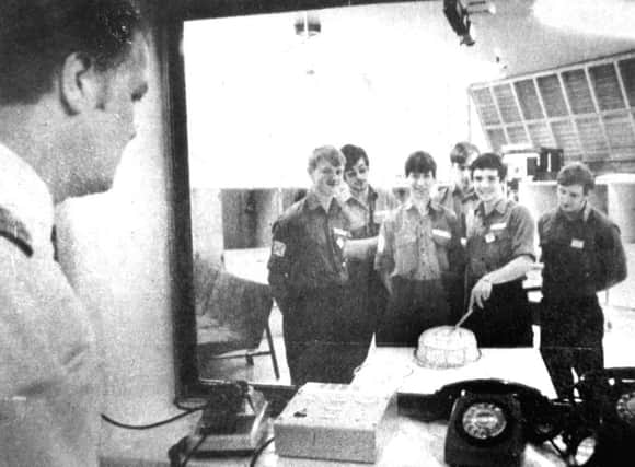 Celebrating their birthdays in the Environmental Medical Unit, Gosport, where they were part of a gas effect experiment, are, front left to right, MEM Graham Patterson, REM Patrick Hanson and REM Stephen own. Looking on are Tom McAuslin, Robert Smith and Graham Sexton