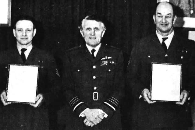 Pictured with air chief marshal are, left to right, WO Ireland, chief technician Pritchard, Sgt Cherry and Mr Whitworth