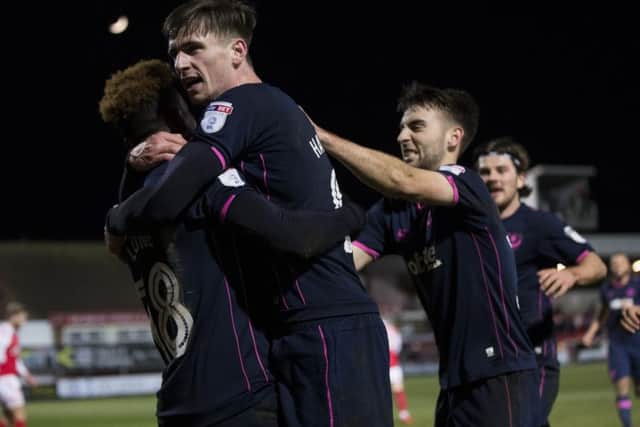 Oli Hawkins celebrates his goal with Jamal Lowe. Picture: Mark Robinson