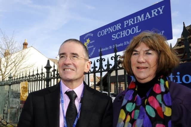 Headteacher Douglas Brawley with  Lib Dem Councillor Lynne Stagg outside Copnor Primary School Picture:  Malcolm Wells (180220)