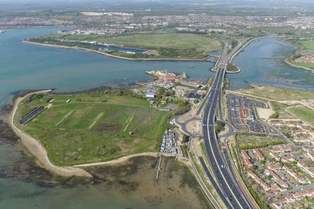 An aerial view of Tipner taken during construction of the new Park and Ride teminal, showing Tipner Firing Ramge and Horsea