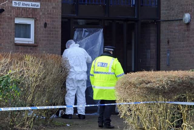 Police at the scene of the shooting in Athena Avenue, Crookhorn
