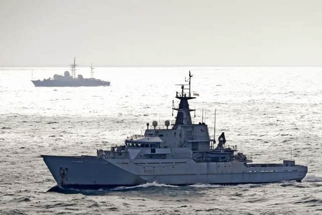 HMS Mersey, in the foreground, escorts the Vishnya class (520) Feodor Golovkin and its Russian task group through the English Channel. Credit: Louise George