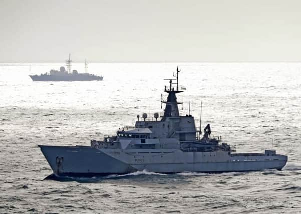 HMS Mersey, in the foreground, escorts the Vishnya class (520) Feodor Golovkin and its Russian task group through the English Channel. Credit: Louise George