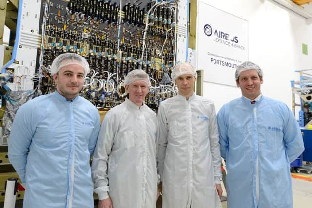 James Meahy of Airbus, astronaut Tim Peake, second left, UK Space Agency CEO Graham Turnock and Wayne Littlefield from Airbus