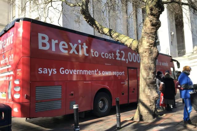 The anti-Brexit battle bus in Guildhall Square, Portsmouth