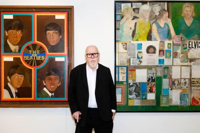 Renowned British Pop Artist Sir Peter Blake stands between two of his pieces at a private view of POP! Art in a Changing Britain at Pallant Hose Gallery in Chichester (Christopher Ison)
