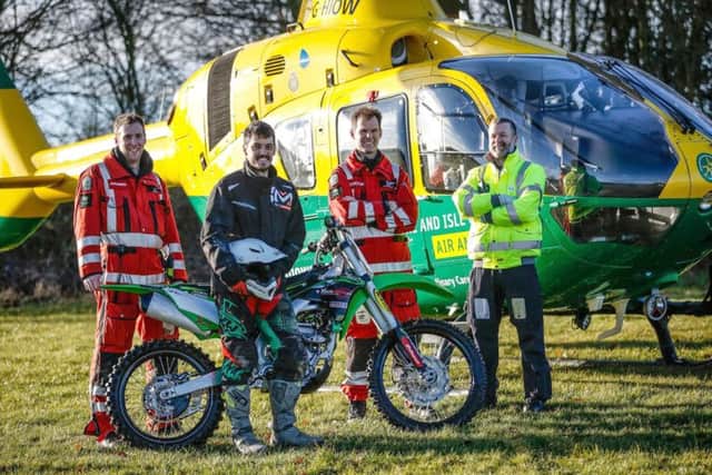 James Hillier with a crew from the Hampshire and Isle of Wight Air Ambulance Critical Care Team promoting bike safety on the road.
Picture by Hampshire and Isle of Wight Air Ambulance