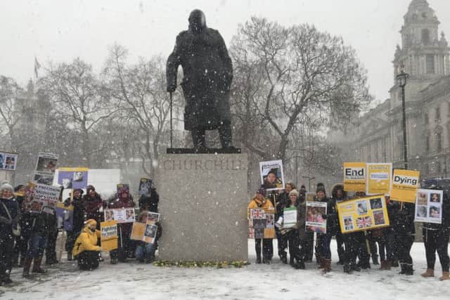 The group who travelled to London laid yellow roses at the Winston Churchill statue
