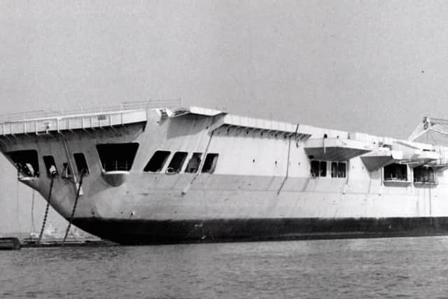 Pictured in Portsmouth Harbour on August 28, 1965 is the Majestic class carrier HMS Leviathan. (Michael Lennon)