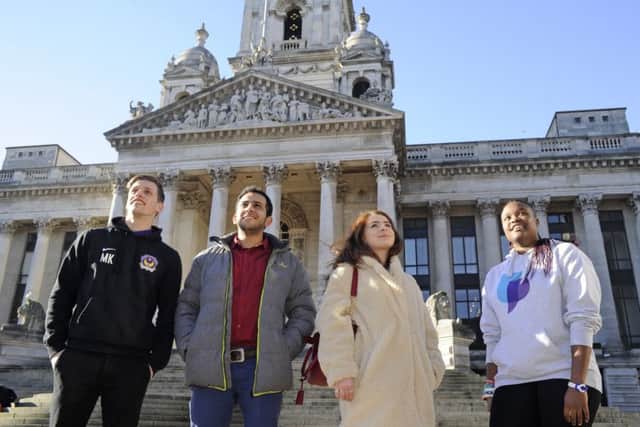07/02/18
Students from Portsmouth University talk to the News about why they like the city of Portsmouth for the We Love Portsmouth feature. (left to right), Marwan Kisserwan, Ihab Alkhaldi, Alex Uibariu, and Ndanu Brown.
Picture Ian Hargreaves (180195-1) PPP-180902-181425006